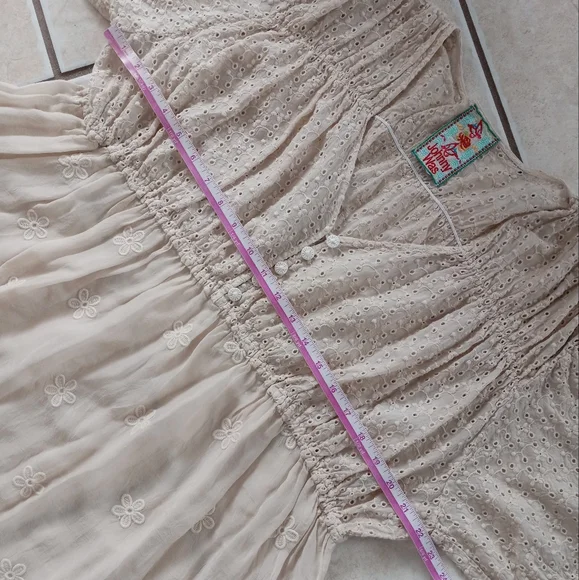Johnny Was Ambre Midi Dress Embroidery Eyelet Empire Waist Ivory Cream L
